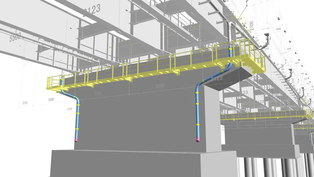 CIM-GIRDERとの統合モデル例:排水装置と検査路が付いた橋脚3Dモデル CIM-GIRDERとの統合モデル例:橋脚3Dモデル(CIM-KABUKO)